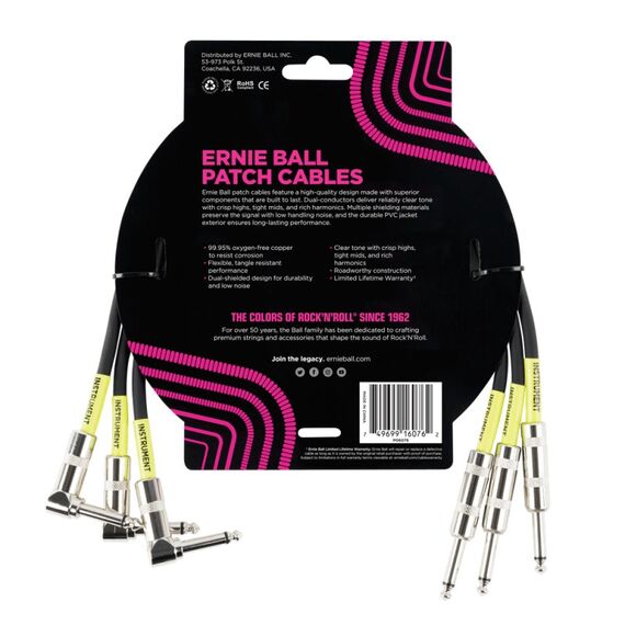 Ernie Ball P06076 Audio-Kabel 0,46 m 6.35mm Schwarz, Gelb