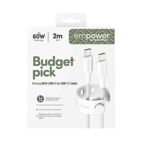 PanzerGlass empower™ by ® Racing 60W USB-C to USB-C Kabel | USB 2.0 | 2M | Silber Weiß, Farbe: Weiß, 3 image