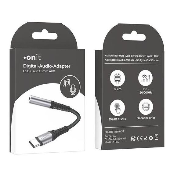 ONIT F00833 Audio-Kabel 0,125 m 3.5mm USB Typ-C Schwarz, Grau, 7 image