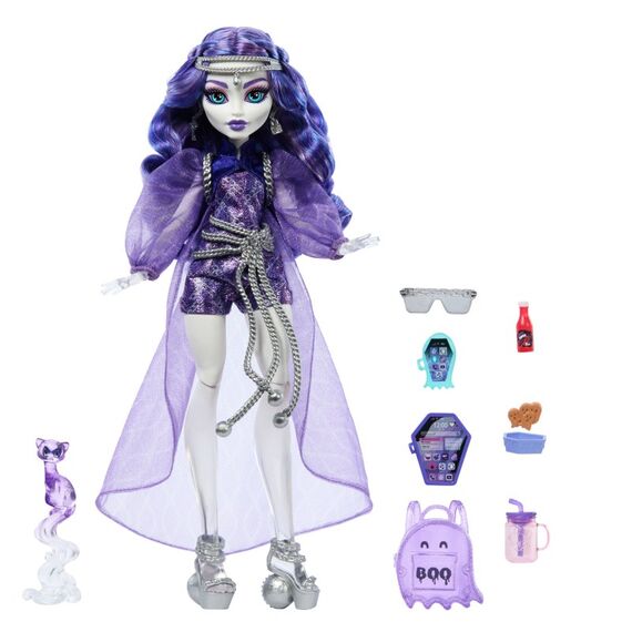 Monster High Spectra Vondergeist Modepuppe mit Frettchen Rhuen und Zubehörteilen