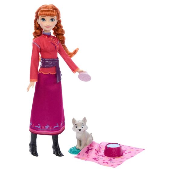 Disney Frozen Disney Die Eiskönigin Anna-Modepuppe und Wolfsjunges-Figur mit 4 Pflegezubehörteilen, vom Film inspiriert