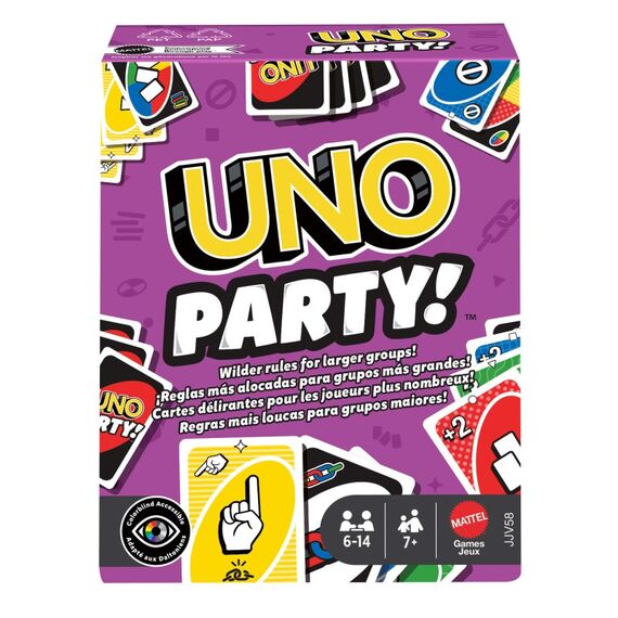 Mattel Games UNO Party Kartenspiel für große Gruppen, Kinder, Erwachsene, Familienabende, 6 bis 14 Spieler, ab 7 Jahren