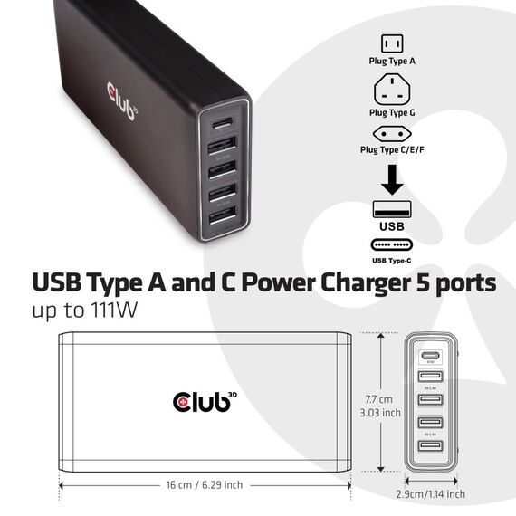 CLUB3D USB Type A and C Power Charger, 5 ports up to 111W, 2 image