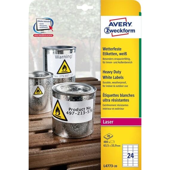 Avery L4773-20 selbstklebendes Etikett Abgerundetes Rechteck Permanent Weiß 480 Stück(e)