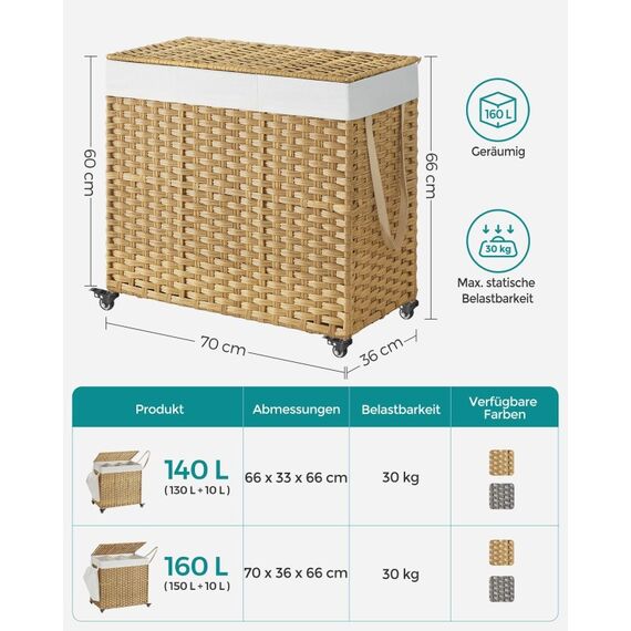 Songmics LCB365N01 Wäschekorb 160 l Rechteckig Baumwolle, Metall, Kunststoff, Polyester, Polypropylen (PP) Natürlich/Natur, 7 image