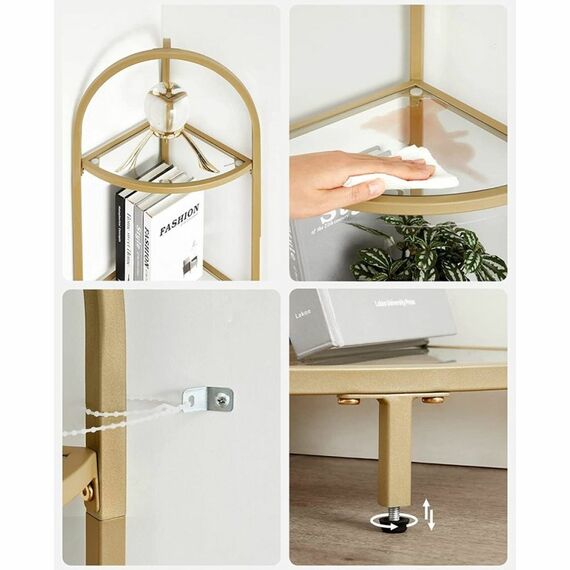 Vasagle LGT810A01 Regal Eckregal Freistehend Stahl, Gehärtetes Glas Gold, 5 image
