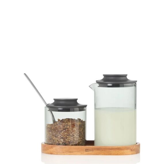 AdHoc Milch- und Zucker Set Impact Zuckerdose Grau Glas, Silikon, Holz, 3 image