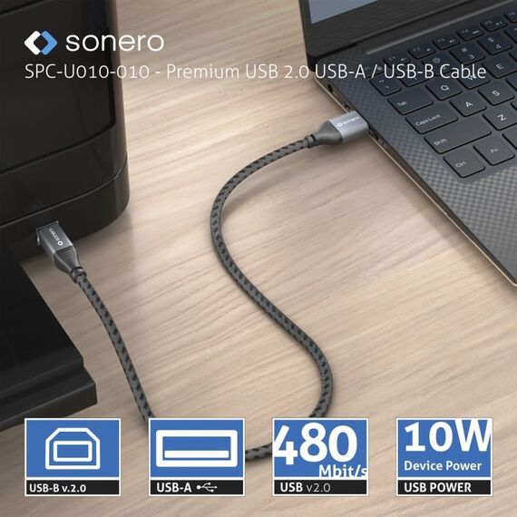 sonero SPC-U010-050 USB Kabel USB 2.0 5 m USB A USB B 0,48 Gbit/s Schwarz, Grau, 5 image