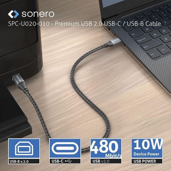 sonero SPC-U020-010 USB Kabel USB 2.0 1 m USB C USB B 0,48 Gbit/s Schwarz, Grau, Farbe: Schwarz, Grau, Länge: 1 m, 5 image