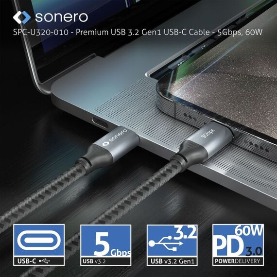 sonero SPC-U320-005 USB Kabel USB 3.2 Gen 1 (3.1 Gen 1) 0,5 m USB C 5 Gbit/s 60 W Schwarz, Grau, Farbe: Schwarz, Grau, Länge: 0,5 m, 6 image