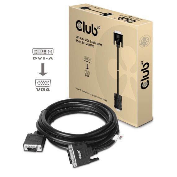 CLUB3D DVI-A TO VGA CABLE M/M 3m/ 9.8ft 28 AWG Schwarz
