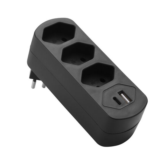 M. Schönenberger Abzweigstecker MOVE 3xT13 schwarz 270° drehbar mit USB PD30W (offen), Farbe: Schwarz