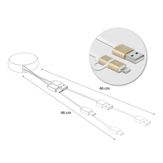 DeLOCK USB 2.0 2 in 1 Aufrollkabel Typ-A zu Micro-B und Lightning™ 8 Pin weiß / gold, 3 image