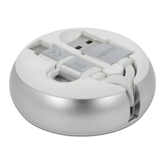 DeLOCK USB 2.0 2 in 1 Aufrollkabel Typ-A zu Micro-B und USB-C™ weiß / silber