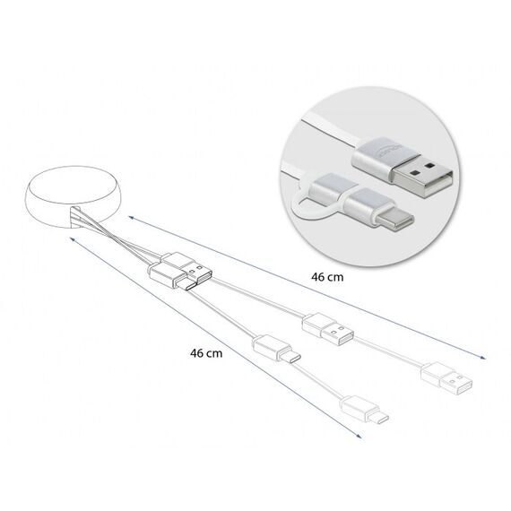 DeLOCK USB 2.0 2 in 1 Aufrollkabel Typ-A zu Micro-B und USB-C™ weiß / silber, 3 image