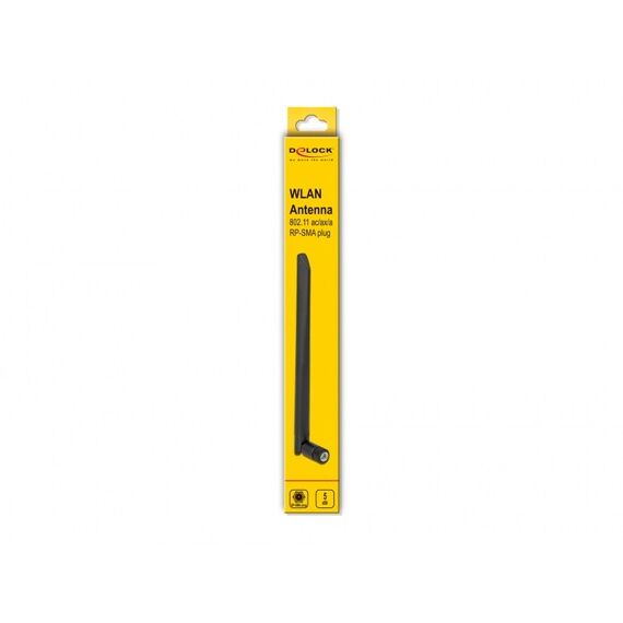 DeLOCK WLAN 802.11 ac/ax/a Antenne RP-SMA Stecker 5 dBi 20 cm omnidirektional mit Kippgelenk und flexiblem Material schwarz