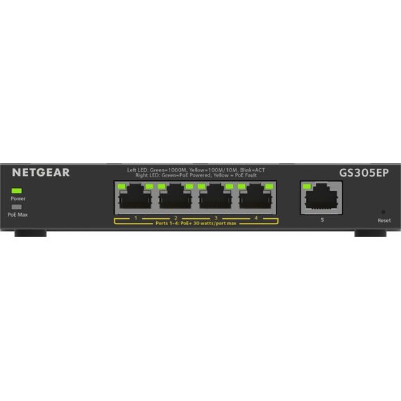 NETGEAR GS305EP Switch 5 Port Gigabit Ethernet LAN PoE Switch Plus (mit 4x PoE+ 63W, Managed Netzwerk Switch mit IGMP Snooping, QoS, VLAN, lüfterloses Metallgehäuse)