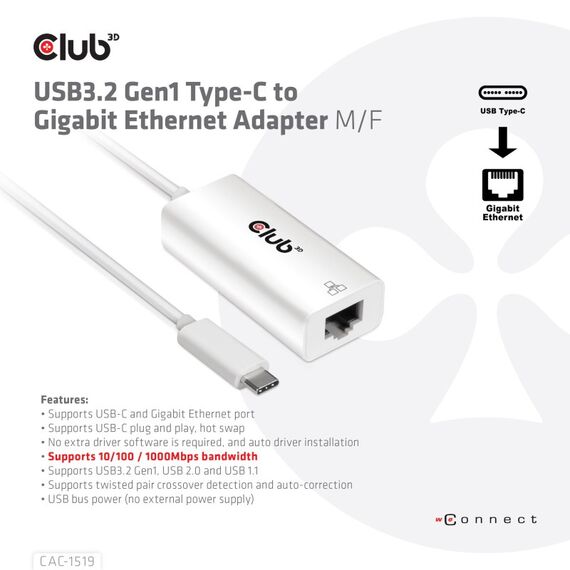 CLUB3D USB3.2 Gen1 Type-C to Gigabit Ethernet Adapter M/F, 2 image