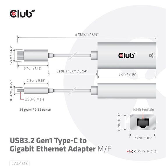 CLUB3D USB3.2 Gen1 Type-C to Gigabit Ethernet Adapter M/F, 3 image