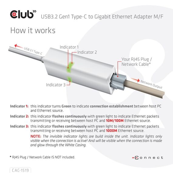 CLUB3D USB3.2 Gen1 Type-C to Gigabit Ethernet Adapter M/F, 5 image