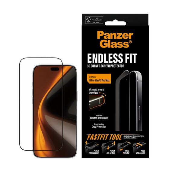 PanzerGlass ® Endless Fit 3D Curve Displayschutz iPhone 18 Pro Max | 17 Pro Max m. FASTFIT Tool