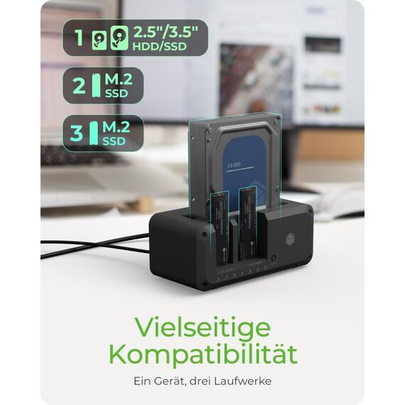 ICY BOX IB-2924MSCL-C31, Docking & CloneStation, klont 1x 2,5"/3,5" zu 1x M.2 NVMe & M.2 NVMe zu M.2 NVMe, erkennt 3x Laufwerke über USB-C®/-A Host 10 Gbit/s, 3 image