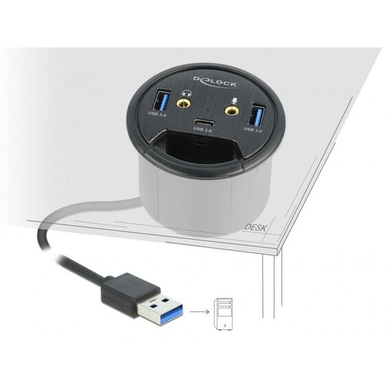 DeLOCK 3 Port Tisch-Hub 1 x USB Type-C und 2 x USB Typ-A + HD-Audio Ports, 2 image