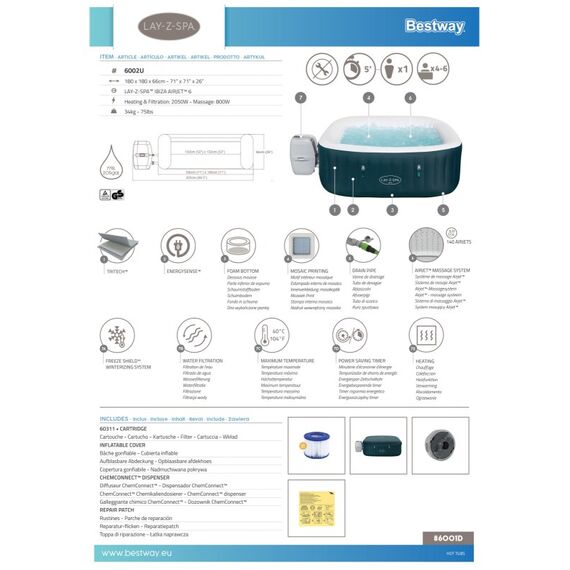 Bestway Lay-Z-Spa 6002U Whirlpool/Jacuzzi 778 l 6 Person(en) Quadratisch Schwarz, Weiß, 39 image