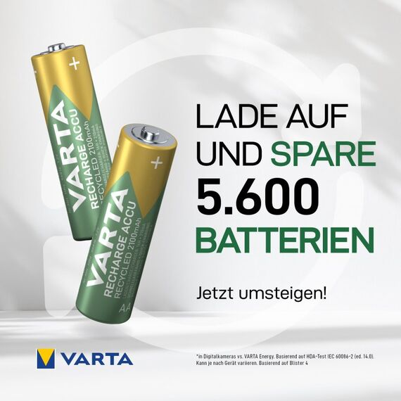Varta Recharge Accu Recycled AA 2100 mAh 4er-Pack (vorbeladener NiMH-Akku, Mignon, 25 % recyceltes Material, wiederaufladbarer Akku, sofort einsatzbereit), 8 image