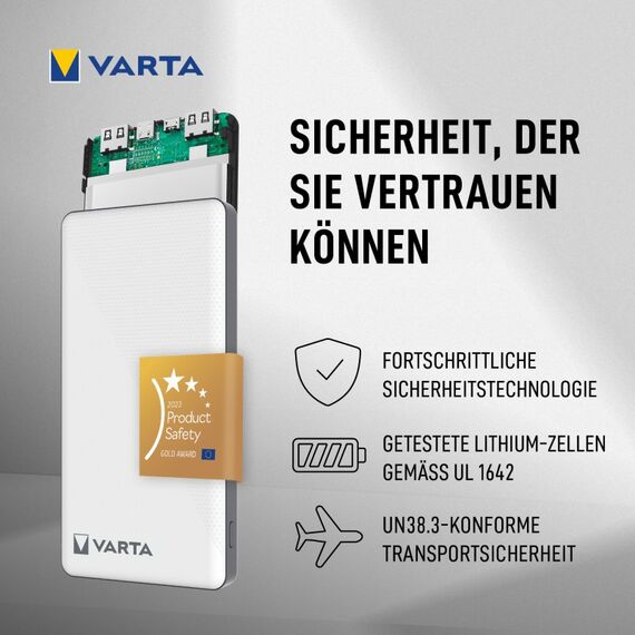 Varta Energy Powerbank 10000 mAh (schlank, 3 Ports: 2x USB C PD, 1x USB A QC), 20W max. Ausgangsleistung, inkl. USB C Ladekabel, weiß, 8 image