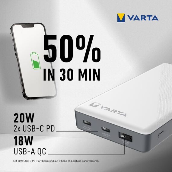 Varta Energy Powerbank 15000 mAh (schlank, 3 Ports: 2x USB-C PD, 1x USB A QC), 20W max. Ausgangsleistung, inkl. USB-C Ladekabel, weiß, 11 image