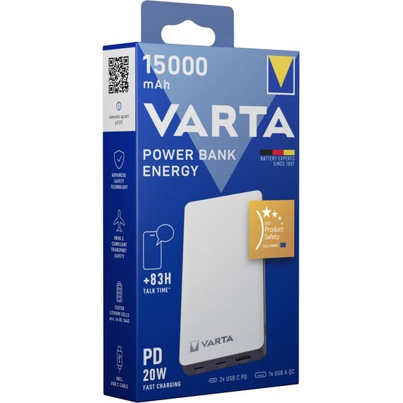 Varta Energy Powerbank 15000 mAh (schlank, 3 Ports: 2x USB-C PD, 1x USB A QC), 20W max. Ausgangsleistung, inkl. USB-C Ladekabel, weiß, 6 image
