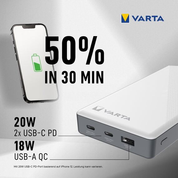 Varta Energy Powerbank 20000 mAh (schlank, 3 Ports: 2x USB-C PD, 1x USB A QC), 20W max. Ausgangsleistung, inkl. USB-C Ladekabel, weiß, 11 image
