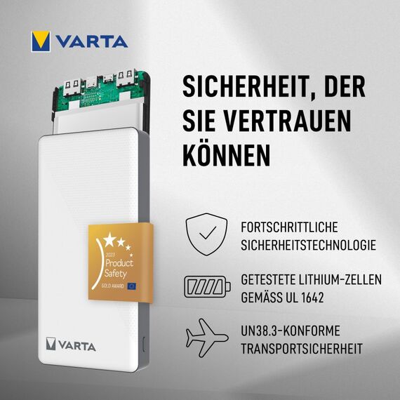 Varta Energy Powerbank 20000 mAh (schlank, 3 Ports: 2x USB-C PD, 1x USB A QC), 20W max. Ausgangsleistung, inkl. USB-C Ladekabel, weiß, 9 image