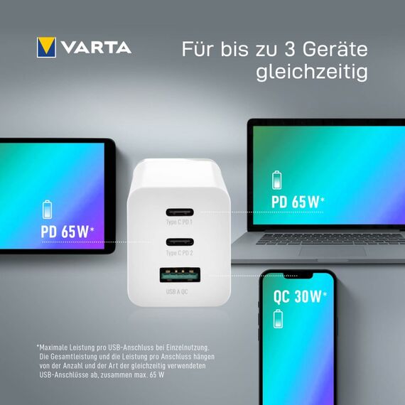Varta Ladegerät, Ladeadapter 65W, gleichzeitiges Laden von bis zu 3 Geräten, High Speed Charger, Ladestecker für Laptops, Smartphones, ultraleicht und kompakt, Netzteil, 7 image