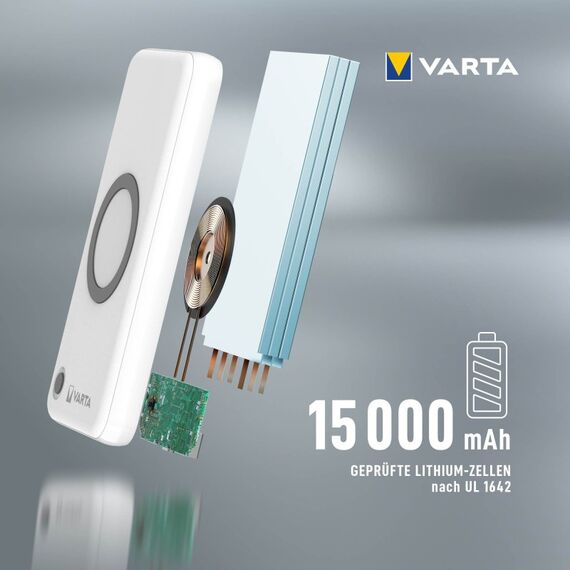 Varta 2 in 1 Power Bank und Wireless Charger, kabelloses Ladegerät, Powerbank 15000mAh, LED Ladestandanzeige, lädt bis zu 4 Geräte gleichzeitig, inkl. USB C Ladekabel, 10 image