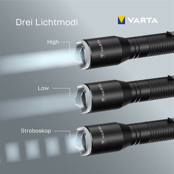 Varta Taschenlampe LED inkl. 2x AA Batterien, Aluminium Light F20 Pro Leuchte, Lampe mit drei Leuchtmodi, Taschenleuchte mit Aluminiumgehäuse, texturiertem Griff, stoßfest, 7 image
