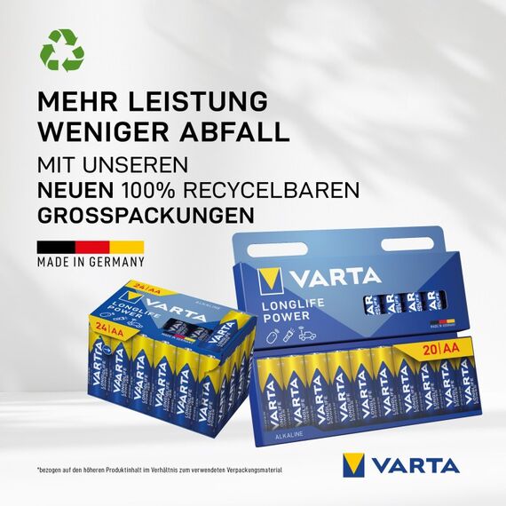Varta Batterien AA, 10 Stück, Longlife Power, Alkaline, 1,5V, ideal für Spielzeug, Funkmaus, Taschenlampen, Verpackung zu 90% recycelt, Made in Germany, 4 image