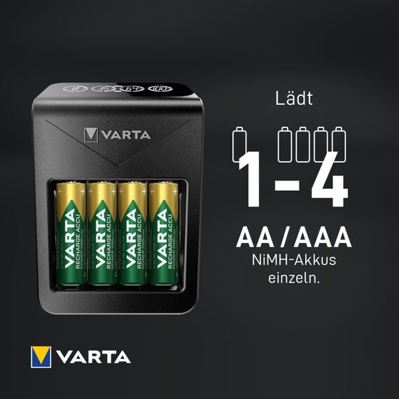 Varta Akku Ladegerät, inkl. 4X AA 2100mAh, Batterieladegerät für wiederaufladbare AA/AAA/9V und USB Geräte, LCD Plug Charger+, Einzelschachtladung, 9 image