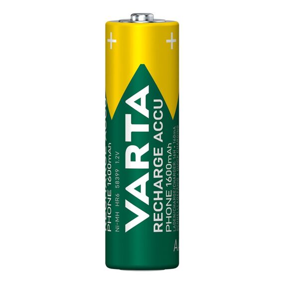 Varta Batterien AA, wiederaufladbar, 2 Stück, Recharge Accu Phone, Akku, 1600 mAh Ni-MH, sofort einsatzbereit, geeignet für schnurlose Telefone
