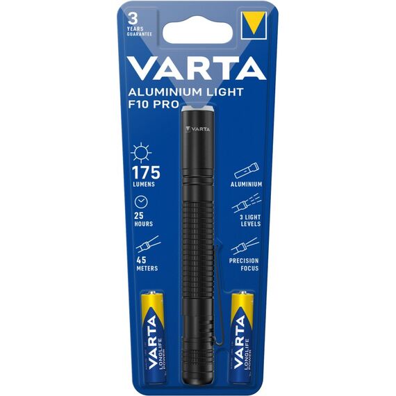 Varta Aluminium F10 Pro LED Taschenlampe (inkl. 2x Longlife Power AAA Batterien für den täglichen Gebrauch, 175 Lumen, stoßfest, 3 Jahre Garantie) schwarz für Haushalt, Camping, Outdoor, 2 image
