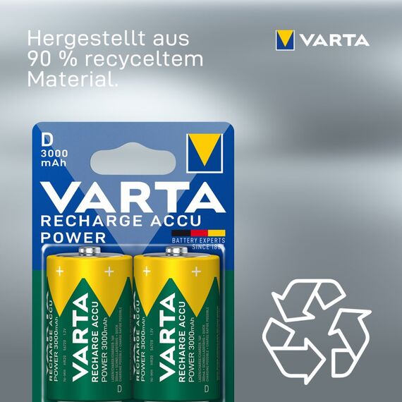 Varta Recharge Accu Power D 3000 mAh 2er-Pack (vorgeladener NiMH-Akku, Micro, wiederaufladbarer Akku, gebrauchsfertig), 5 image