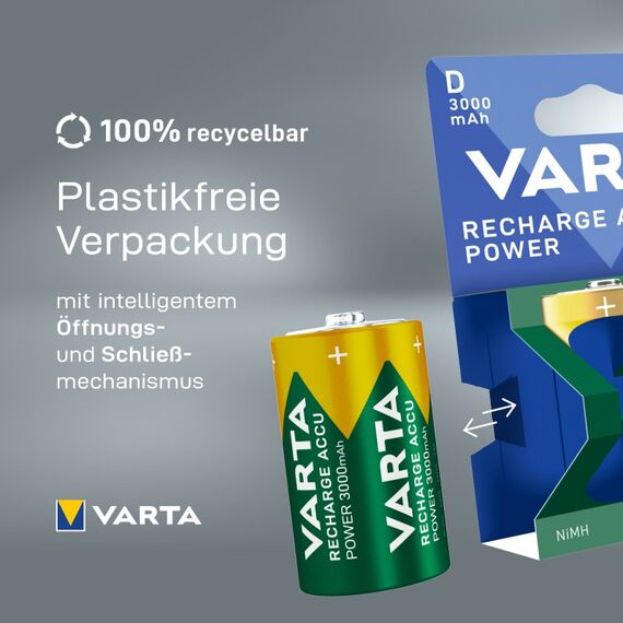 Varta Recharge Accu Power D 3000 mAh 2er-Pack (vorgeladener NiMH-Akku, Micro, wiederaufladbarer Akku, gebrauchsfertig), 6 image