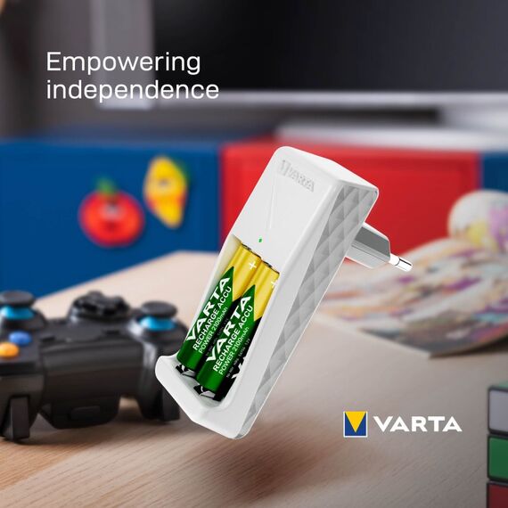 Varta Akku Ladegerät, inkl. 2X AA 2100mAh, Batterieladegerät für wiederaufladbare Batterien, lädt 2 AA/AAA gleichzeitig, Mini Charger, weiß, 9 image