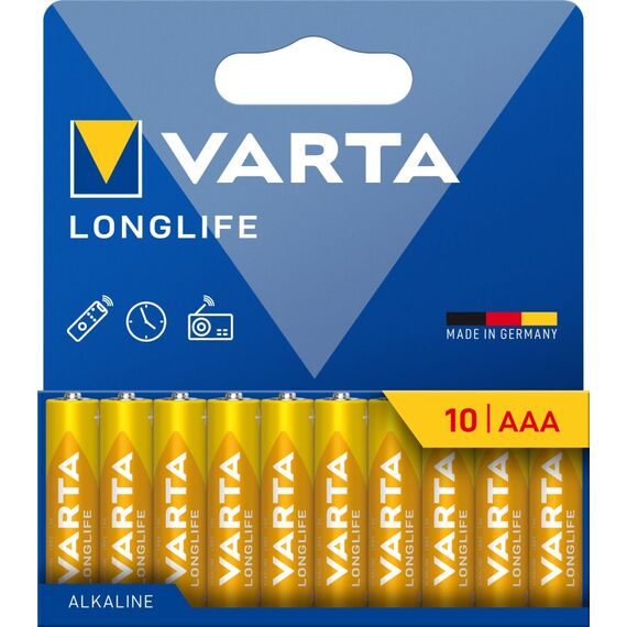 Varta Batterien AAA, 10 Stück, Longlife, Alkaline, 1,5V, ideal für Fernbedienungen, Wecker, Radios, Wanduhren, Verpackung zu 90% recycelt, Made in Germany, 3 image