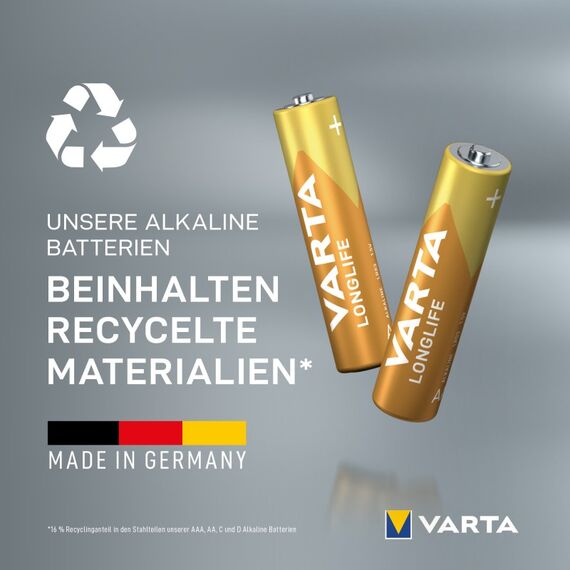Varta Batterien AAA, 10 Stück, Longlife, Alkaline, 1,5V, ideal für Fernbedienungen, Wecker, Radios, Wanduhren, Verpackung zu 90% recycelt, Made in Germany, 4 image