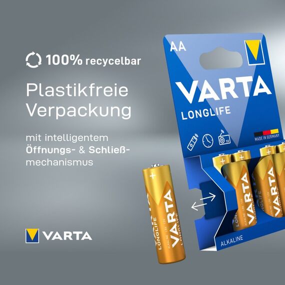 Varta Batterien AA, 10 Stück, Longlife, Alkaline, 1,5V, ideal für Fernbedienungen, Wecker, Radios, Wanduhren, Verpackung zu 90% recycelt, Made in Germany, 6 image